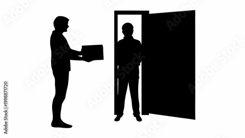 Courier delivering package to customer at doorstep in black silhouette vector