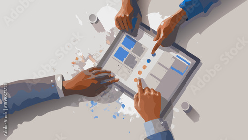 Team collaboration on a digital project with tablet and diverse hands