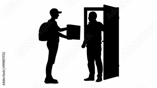 Courier delivering package to customer at doorstep in black silhouette vector
