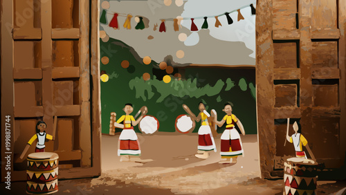 Traditional rural celebration scene with drummers and dancers in folk costumes under colorful banners