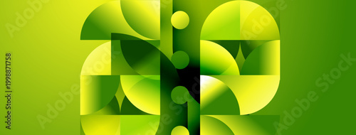 Abstract geometric composition. Green shades dominate, creating dynamic visual flow. Shapes overlap, forming complex pattern. Modern design.