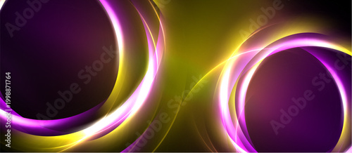 Abstract design features glowing circles, purple, gold hues. Dynamic curves create modern, energetic visual impact. Smooth gradients enhance depth.