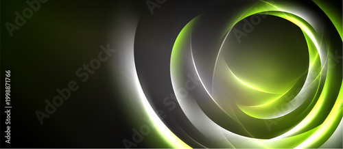 Abstract design features swirling green light, dark background. Modern, dynamic composition creates visual impact. Smooth gradients enhance depth.
