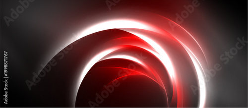 Abstract red, white light curves form dynamic arc. Dark background emphasizes glowing shapes, creating modern visual.
