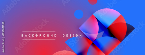 Abstract vibrant design features overlapping circles, gradients. Red, blue, purple hues create dynamic visual effect. Text reads background design.