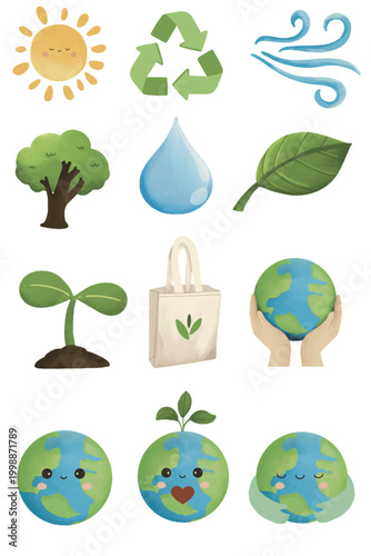 Cute eco friendly illustration set with earth,Nature elemen and sustainability icons
