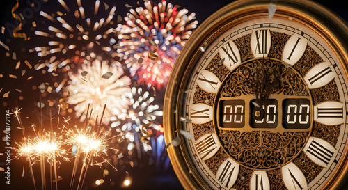 Fireworks display with vintage clock showing midnight celebration illustration
