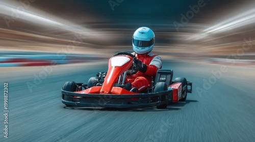 Dynamic Race Scene of a Go-Kart Driver in Red Suit Racing on a Track, Captured in High-Speed Motion, Showcasing Action and Excitement in Motorsports