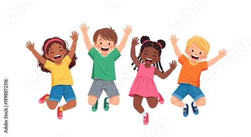 Diverse happy children jumping with joy, celebrating success and childhood fun