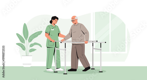 Nurse assisting elderly man with physical therapy using parallel bars for rehabilitation