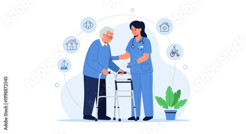 Nurse assisting elderly man with walker, home care, support, medical help