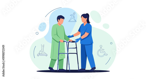 Nurse assisting elderly man with walker, rehabilitation and care concept
