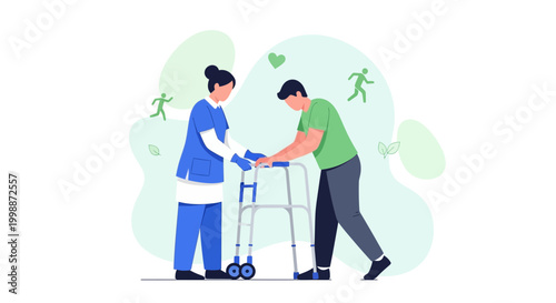 Nurse assisting elderly man with walker, rehabilitation and healthcare concept