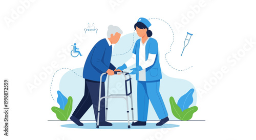 Nurse assisting elderly man with walker, symbolizing care, support, and rehabilitation