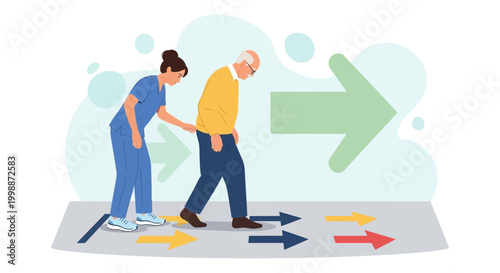 Nurse assisting elderly man with walking rehabilitation, physical therapy, recovery