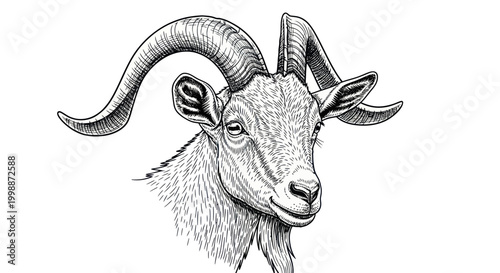 Detailed Ink Sketch of a Goat's Head with Large Curved Horns