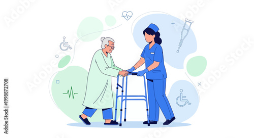 Nurse assisting elderly woman with walker, healthcare and support concept