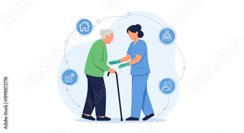 Nurse assisting elderly woman with walking cane, home care concept, healthcare support