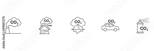 Air pollution icon set featuring factory smoke home emissions melting iceberg car exhaust and spray can vector illustration for environment.