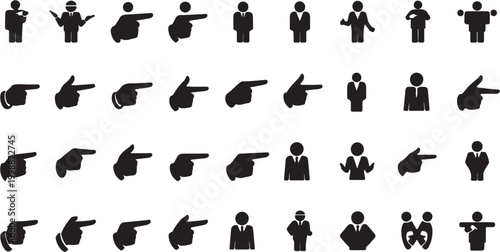 Collection of black silhouette icons depicting people and hands pointing in various directions.