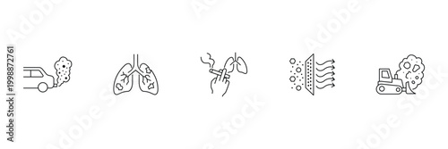 Air pollution icon set featuring car exhaust lungs damage smoking effects air filter and construction dust vector illustration for environment.
