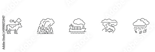 Air pollution icon set featuring cow methane emissions forest fire cargo ship smoke water contamination and acid rain vector illustration.