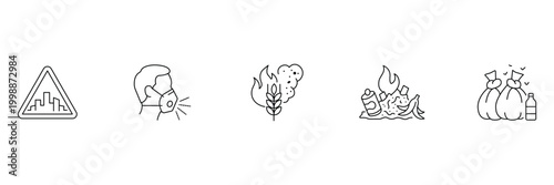 Air pollution icon set featuring city smog warning face mask crop burning waste incineration and garbage bags vector illustration for environment.