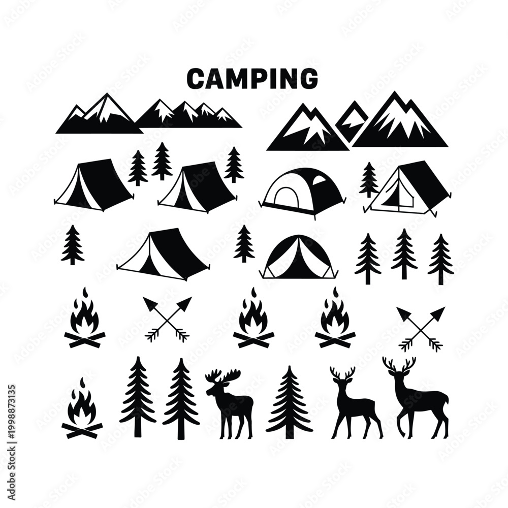 Fototapeta premium Camping Icons with Mountains Trees Animals and Campfires Keywords: camping, tent, campfire