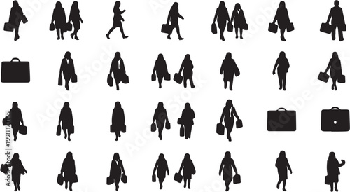 Silhouettes of people walking with briefcases business travel concept.