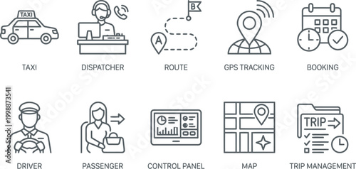 set of ride sharing service outline icons