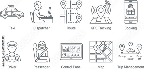 set of taxi service outline icons, transportation and travel