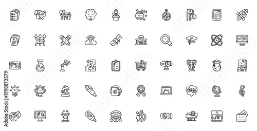 Learning icon set. Vector illustration pack featuring education, study, knowledge symbols like brain, book, rocket, diploma, microscope, globe, and more. Editable stroke.
