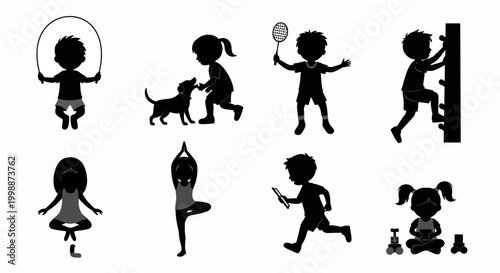 Set of Children Silhouettes Engaged in Various Playful and Active Hobbies