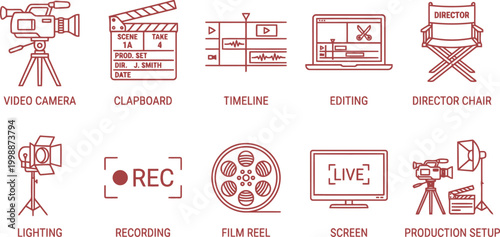 Film and video production icons, set of 10 red line drawings