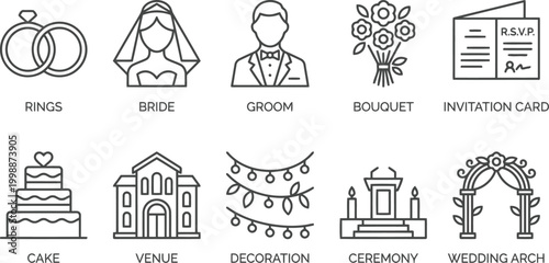 wedding icons set, outline style, black and white
