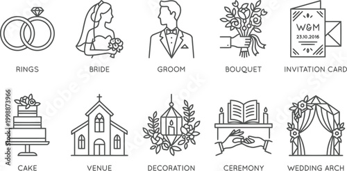 wedding icons set, outline style, marriage symbols