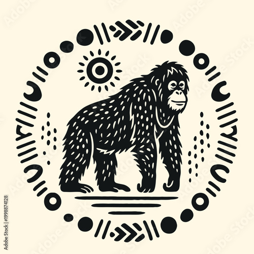 Black illustration of a gorilla standing.