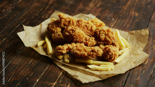 Fotografija heap of delectable roasted chicken wings and yummy French fries lying on parchme