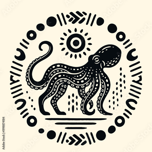 Black octopus in circular design pattern.