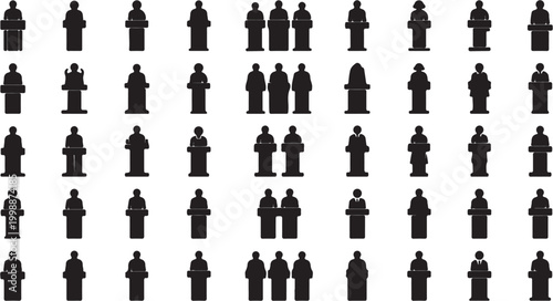 Diverse group of people silhouettes standing together in various formations.