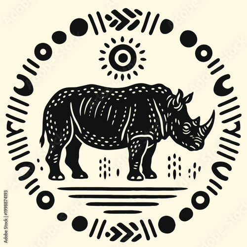 Black rhino standing in profile view.