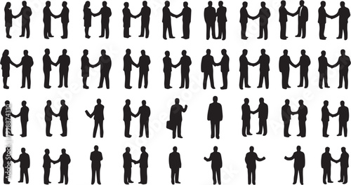 Silhouettes of business people shaking hands and interacting in various professional settings.