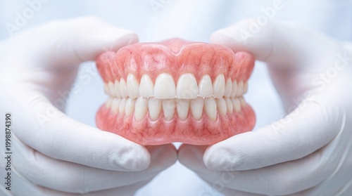 Maxillary and mandibular complete dentures held by dentist's gloved hands