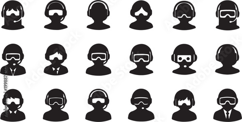 Set of diverse customer service representatives with headsets and microphones.