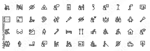 Accessibility and Disability Support Icon Set. Vector symbols for wheelchair, sign language, blind assistance, hearing aid, prosthesis, rehabilitation, ramp, braille, and inclusive design.