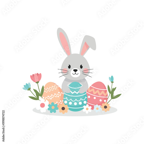 A cute cartoon bunny rabbit sitting with decorative Easter eggs and colorful spring flowers around it.