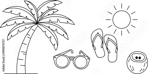Simple black and white line art illustration of classic summer vacation elements including a palm tree, stylish sunglasses, casual flip-flops, a shining sun, and a fresh coconut.