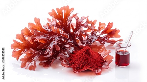 Astaxanthin Red Algae Powder and Seaweed Extract on White Background