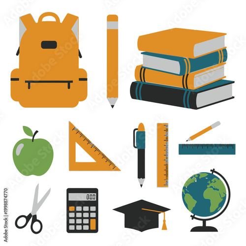 A collection of school supplies and education icons on a white background including a backpack and books
