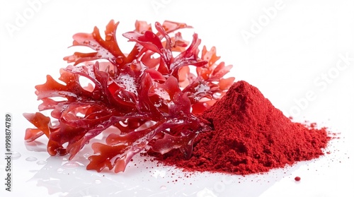Astaxanthin Red Algae Powder and Seaweed Extract on White Background